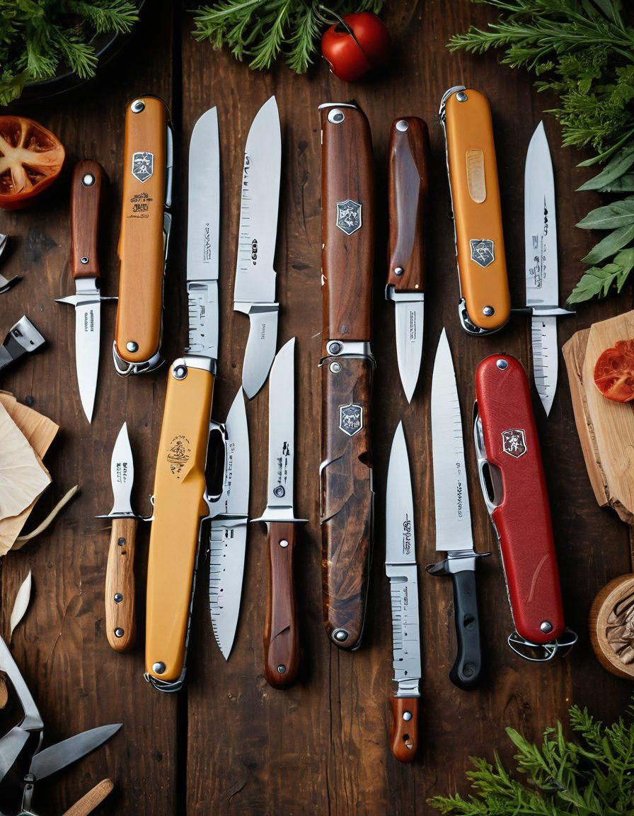 A detailed layout of various Victorinox knives arranged on a textured wooden surface, showcasing their unique designs and features. In the background, a blurred outdoor scene hints at adventure and exploration. Add labels highlighting different knife types like 'Swiss Army', 'Chef', and 'Hiking'. Warm natural lighting enhances the craftsmanship, inviting viewers to appreciate the diversity. super-realistic. warm colors. soft focus.