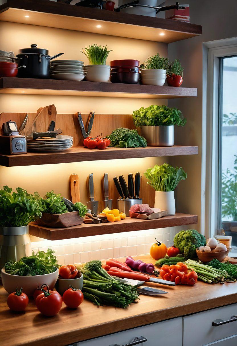 A beautifully arranged kitchen countertop showcasing a variety of Victorinox knives gleaming under warm lighting. Include fresh, vibrant ingredients like colorful vegetables and herbs artfully scattered around, with a wooden cutting board in the center. Incorporate a background with soft-focus shelves filled with cookbooks and culinary tools to evoke creativity in cooking. super-realistic. vibrant colors. warm lighting.